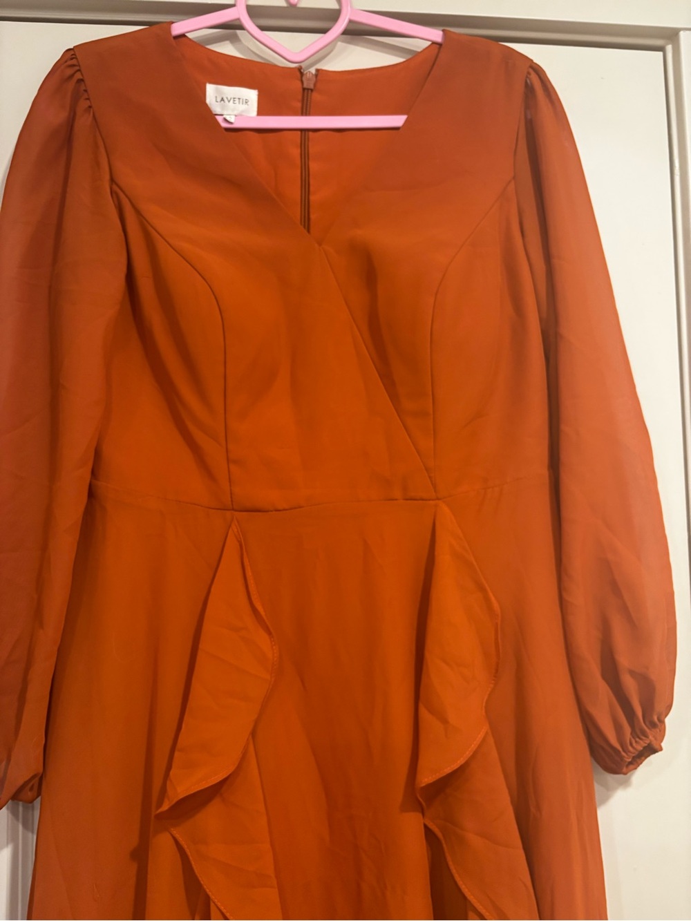 Lavetir V-Neck Long Sleeves Chiffon Ruffles Bridesmaid Dresses W/ Pockets - Picture 3 of 6